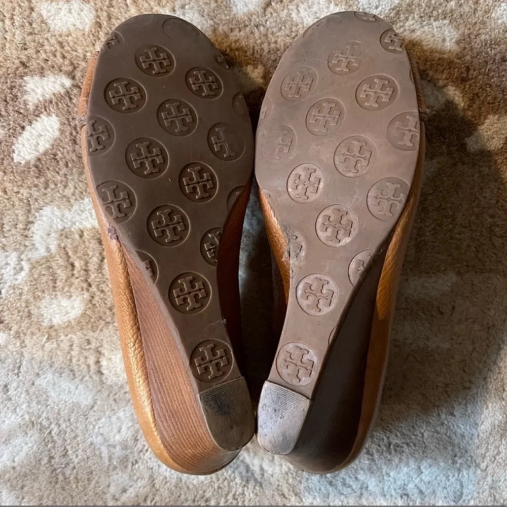 Tory Burch Cognac Leather Wedge Pumps with Gold Logo Accent